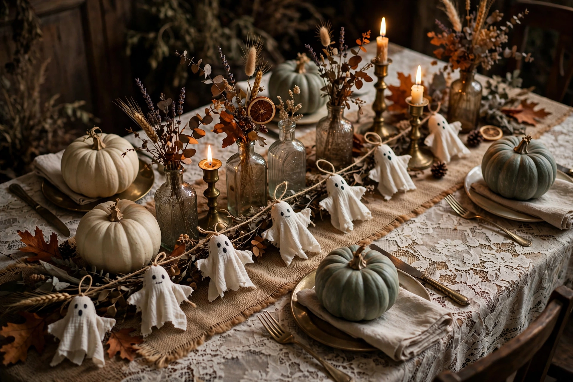 Handmade Halloween table setting with burlap runner and lace — diy halloween decor ideas