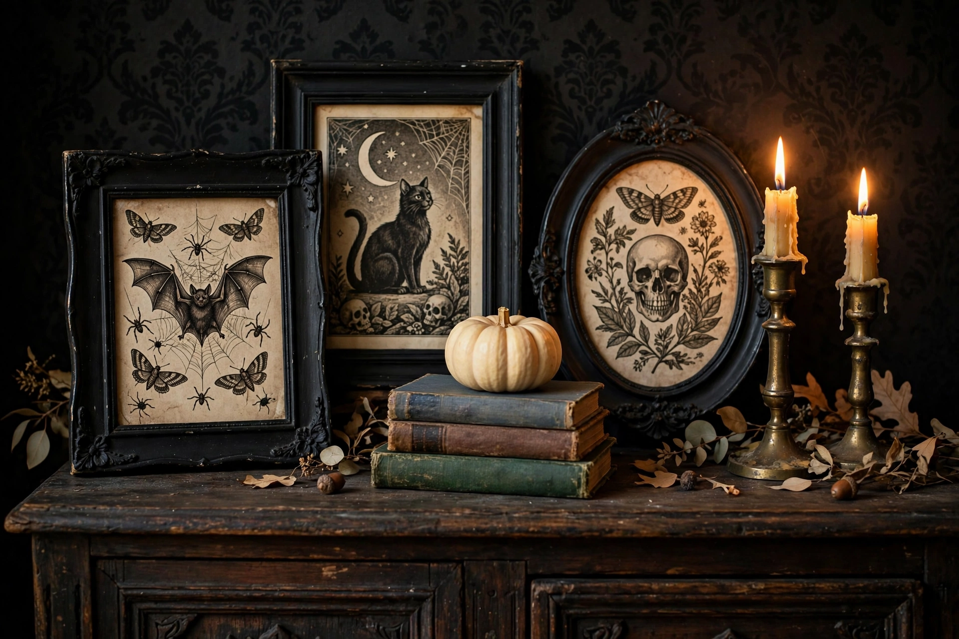 Thrift-flip Halloween vignette with black frames and brass candlesticks — diy halloween decor ideas