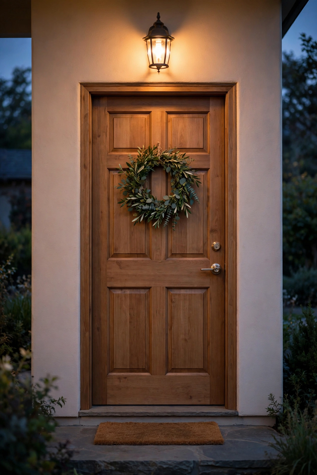 Front door with a simple greenery wreath and warm porch light for christmas home decor