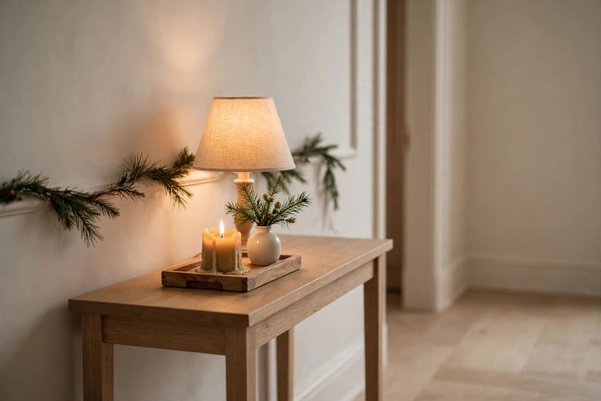 Hallway console table styled with a candle, tray and pine sprig for christmas entryway decor