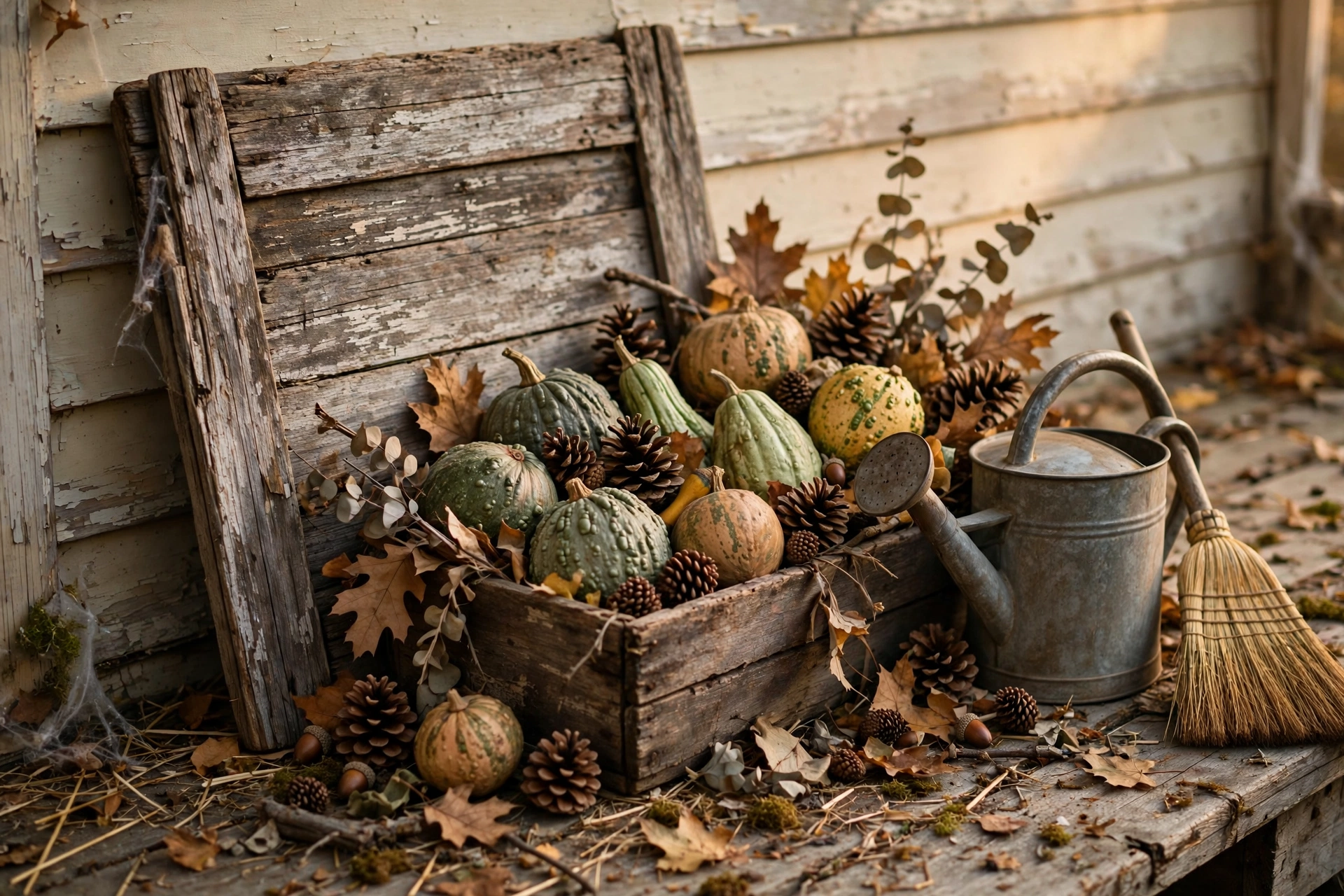 Old barnwood sign and crates with gourds — vintage farmhouse halloween decor