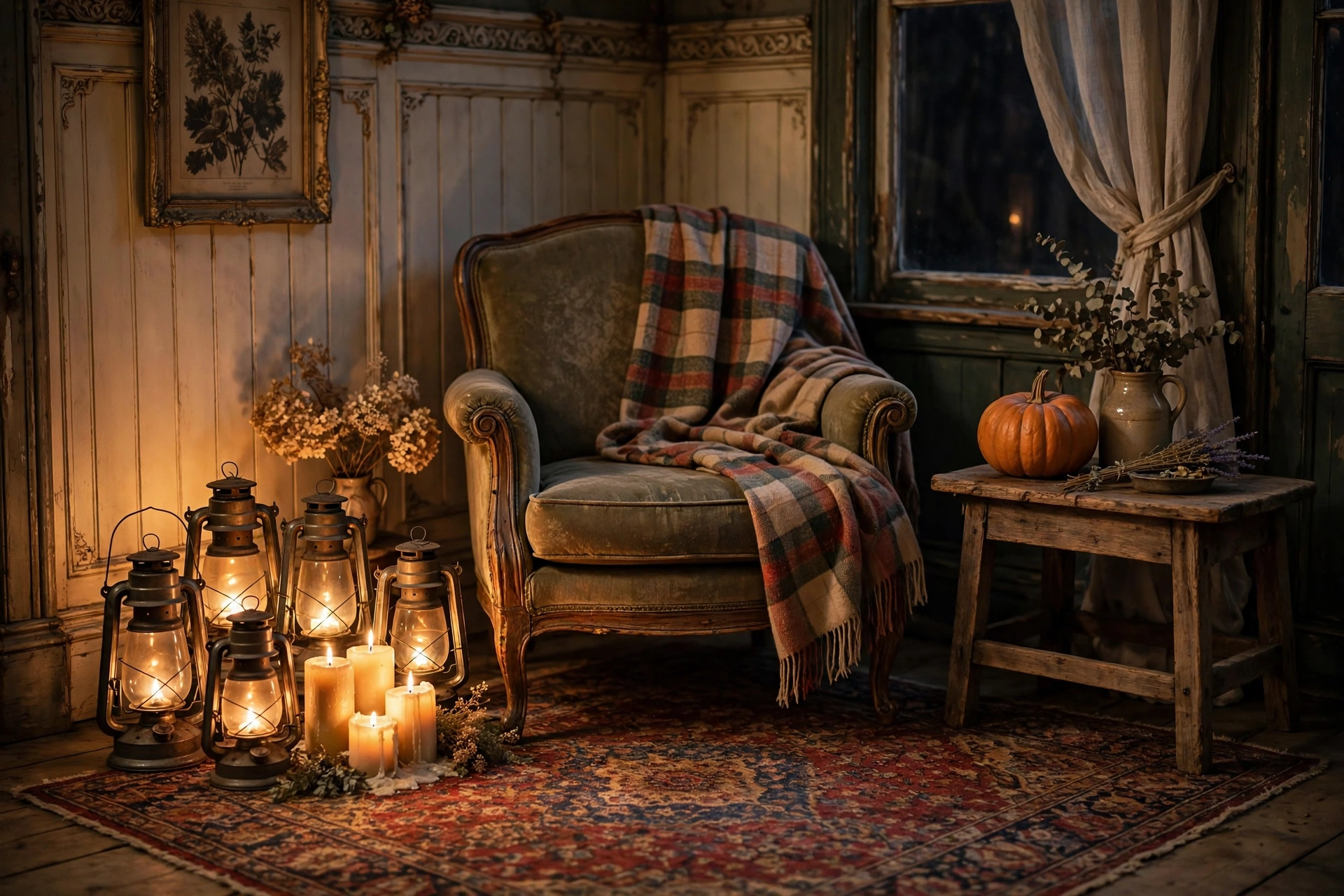 Cozy farmhouse corner with lanterns and warm candlelight — farmhouse halloween decor