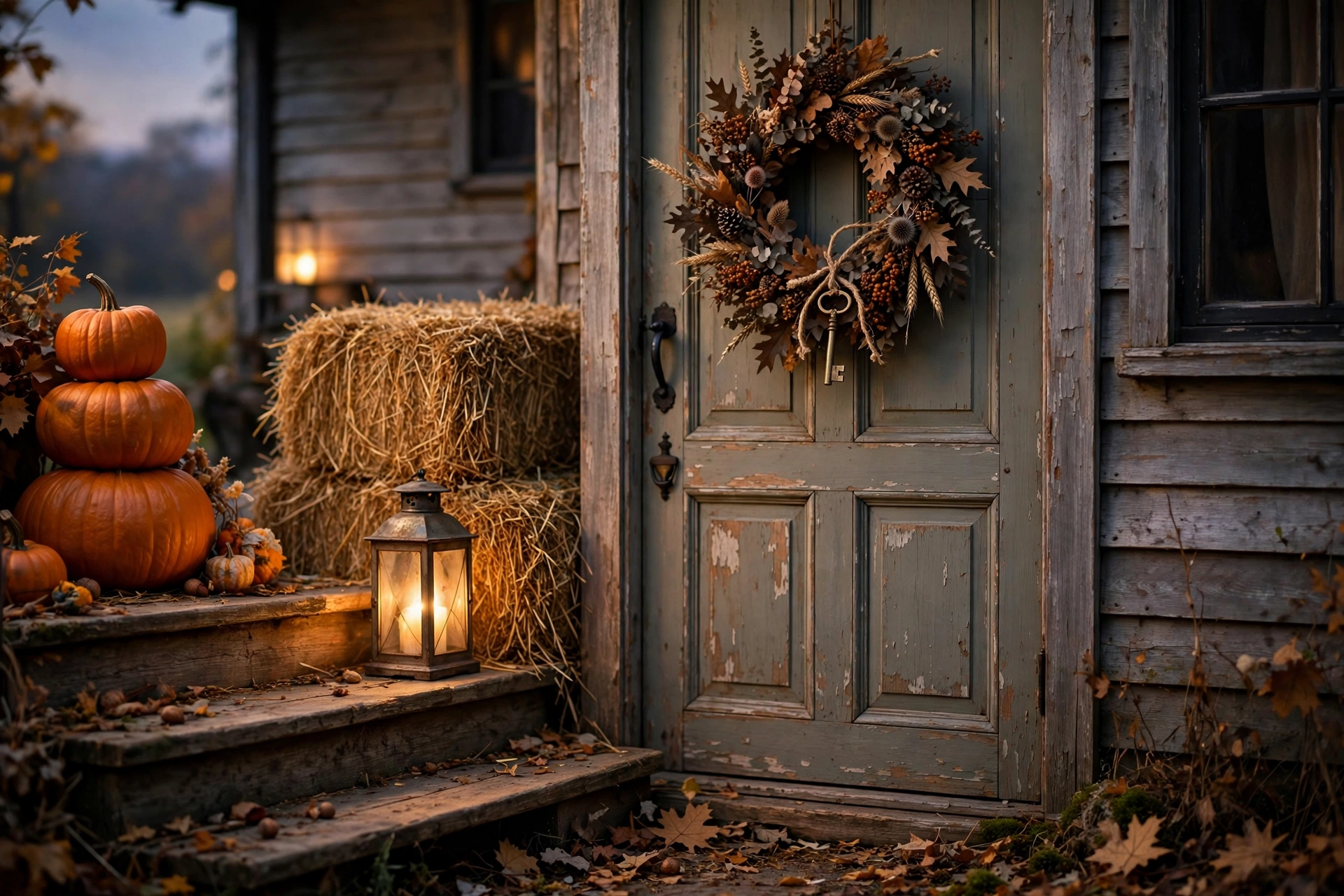 Farmhouse front door with dried wreath and lanterns — farmhouse halloween decor