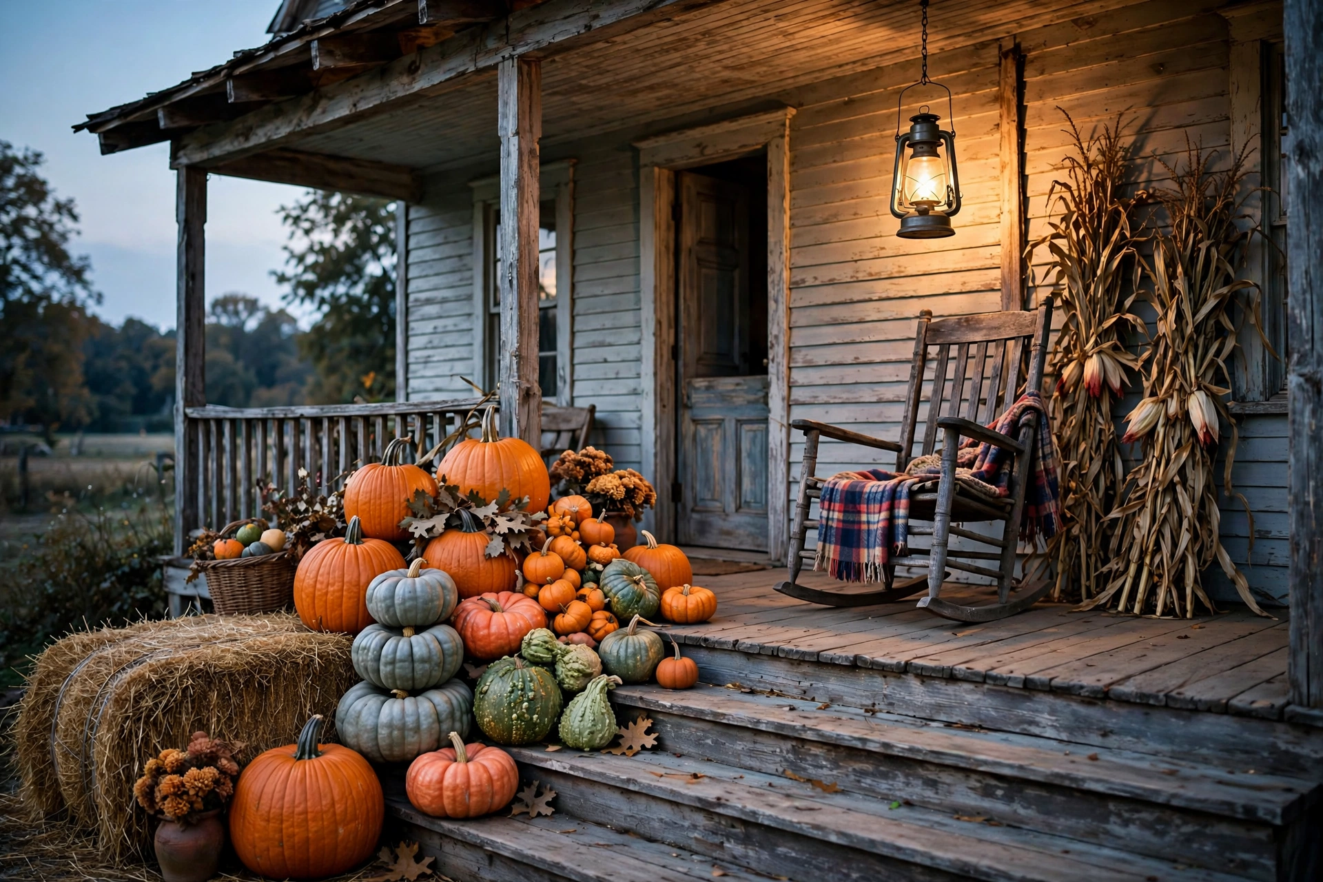 Cozy farmhouse front porch decorated with farmhouse halloween decor at dusk