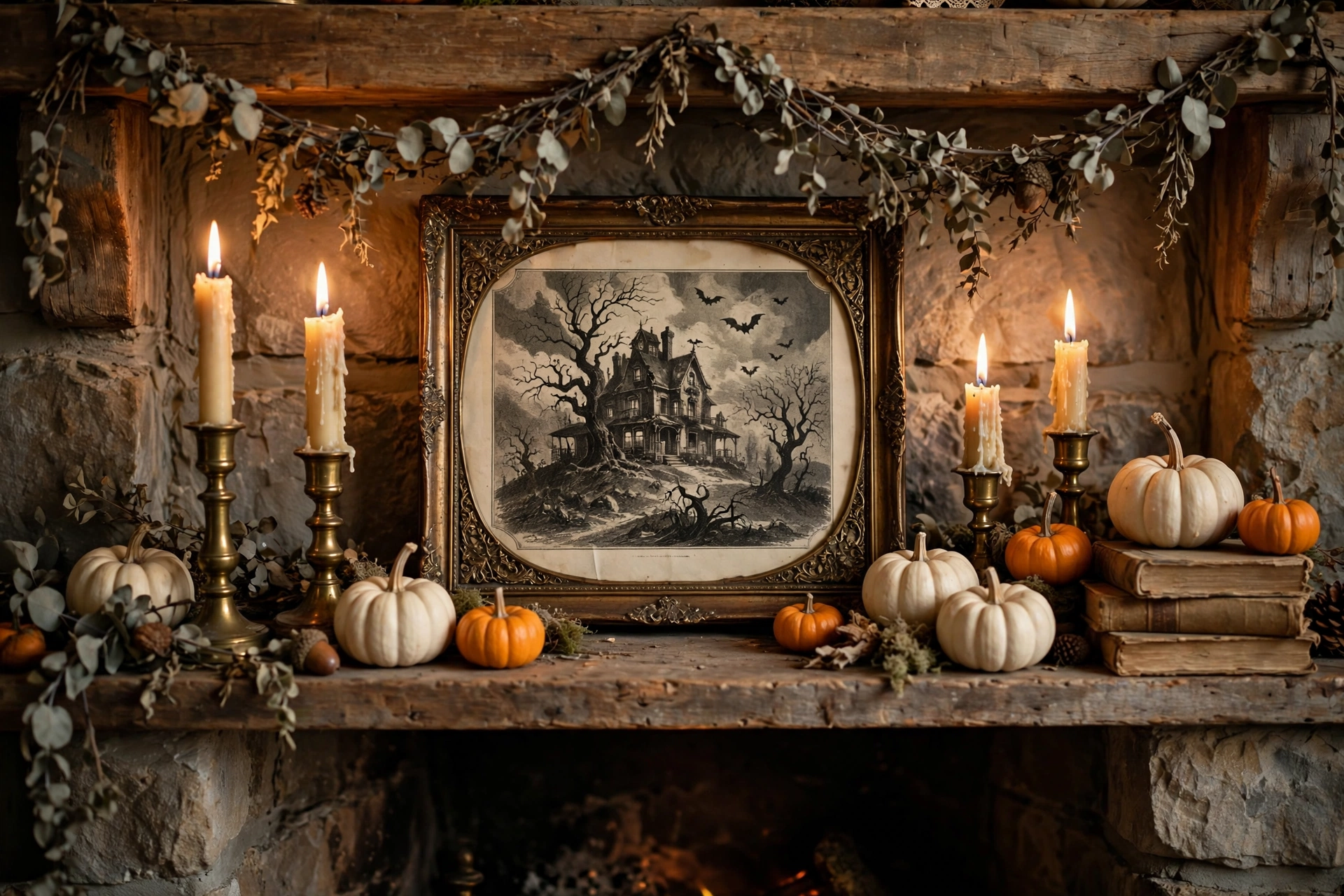 Vintage farmhouse mantel with dried garland and brass candlesticks — farmhouse halloween decor
