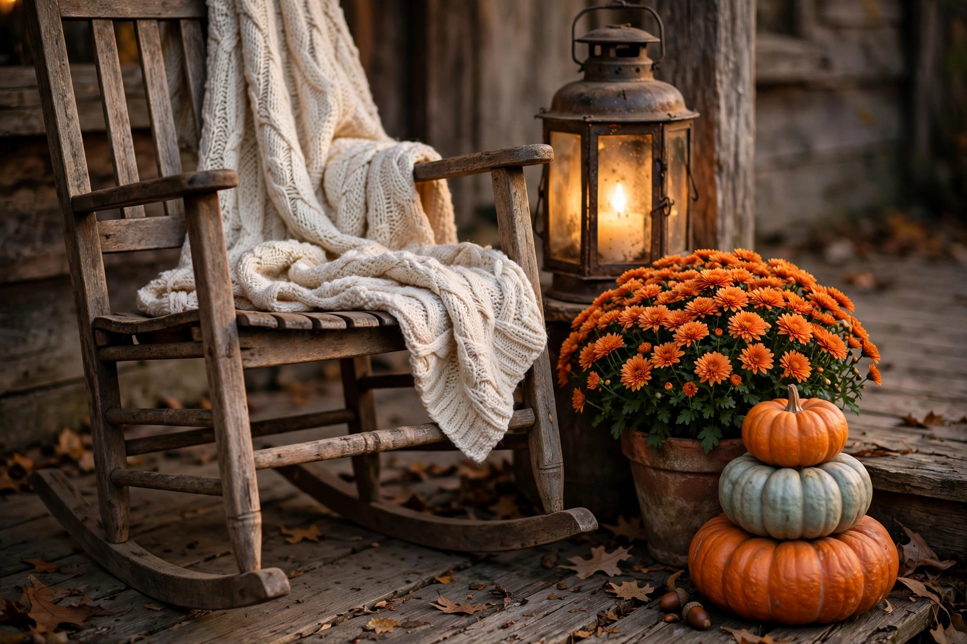 Rustic farmhouse porch welcome with rocking chair and lantern — farmhouse halloween decor