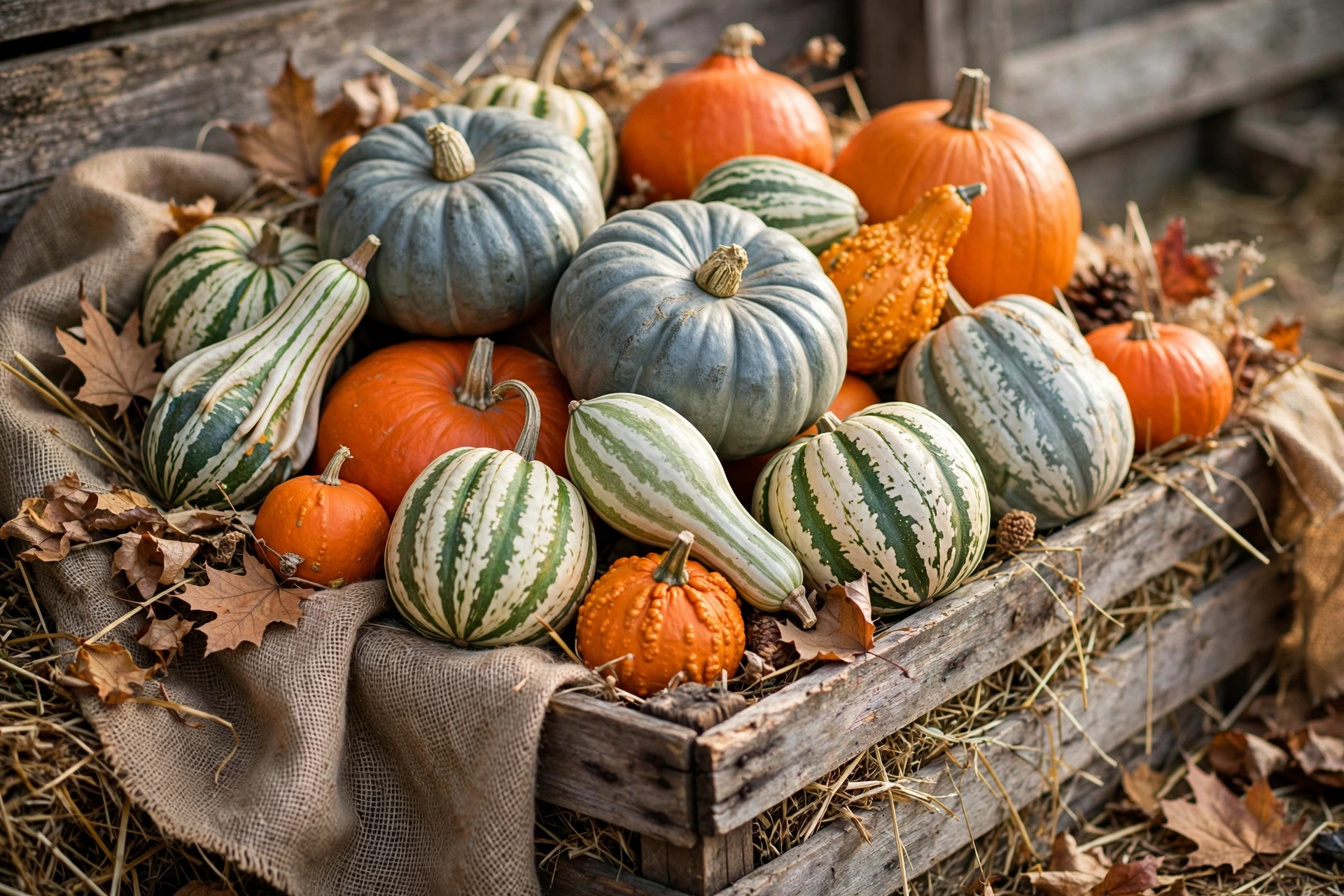Heirloom pumpkins and gourds on a weathered crate — rustic farmhouse halloween decor