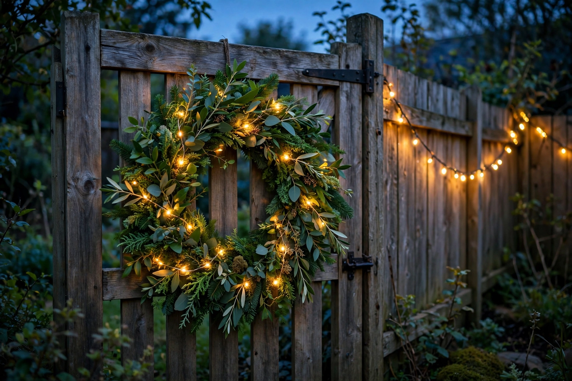 A whole garden glowing at dusk with outdoor christmas lights on paths, trees and fences all lit together