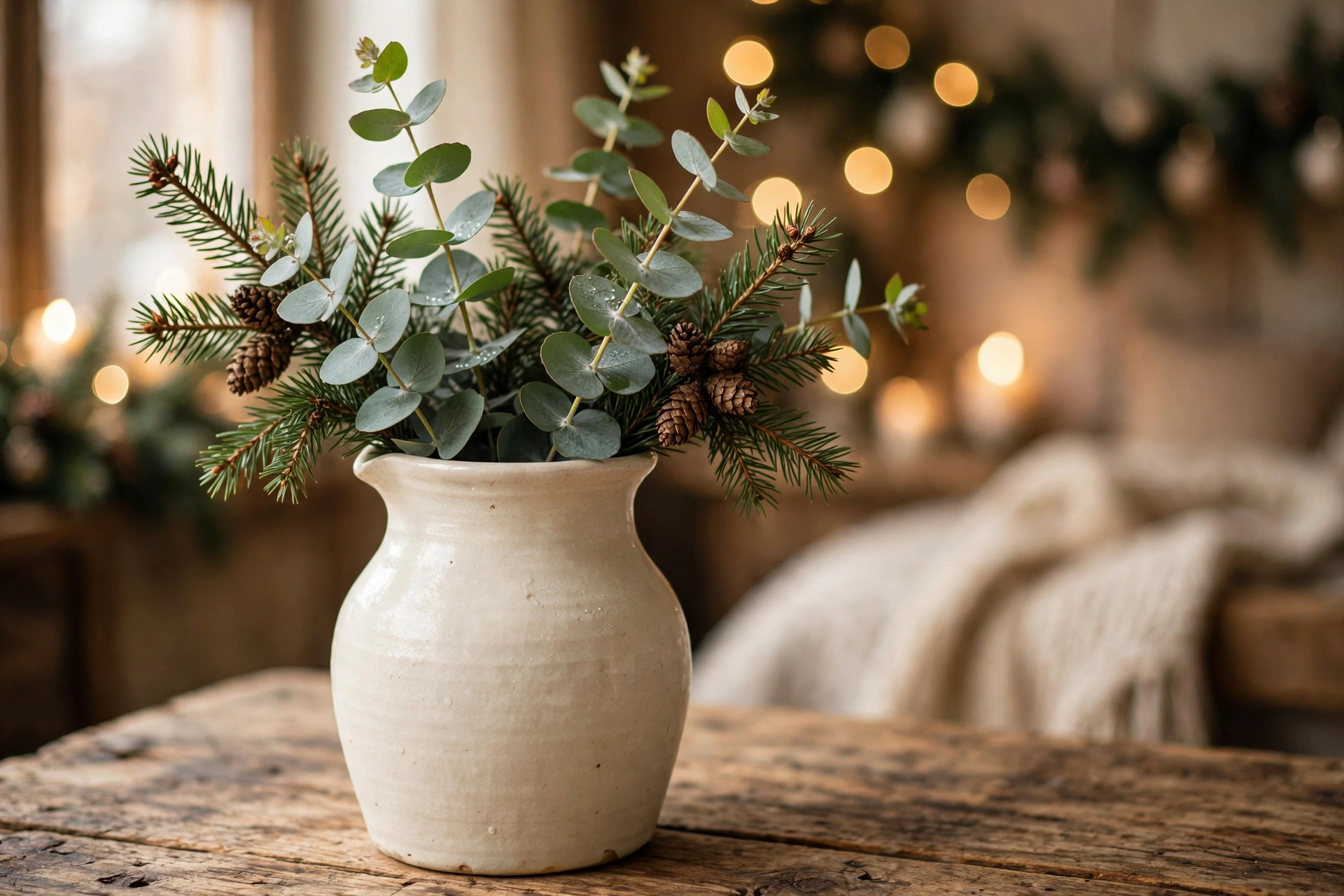 Fresh eucalyptus and pine sprigs in a ceramic jug for natural christmas scent