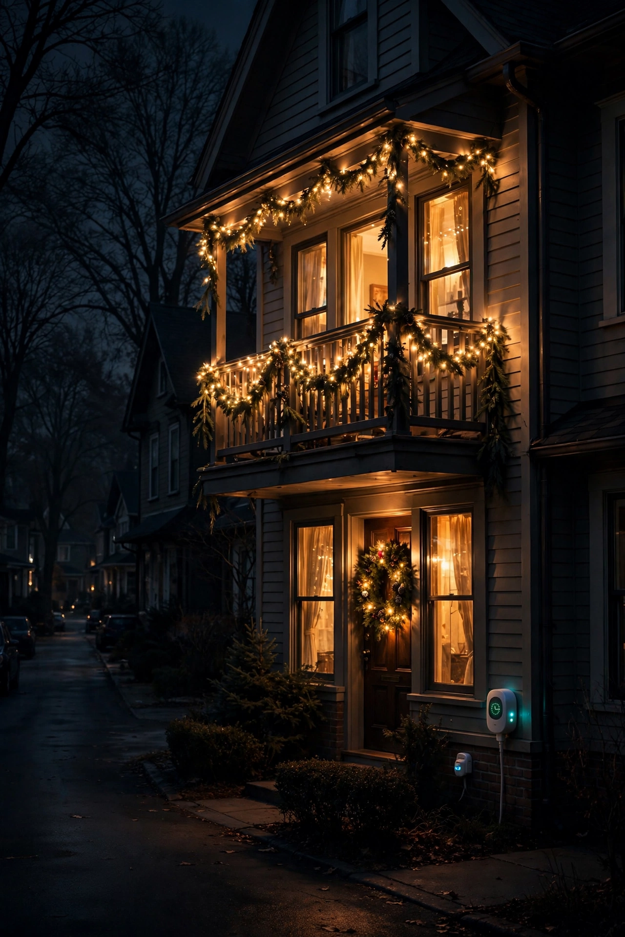 House and balcony glowing together — timers do the work while you enjoy the view.