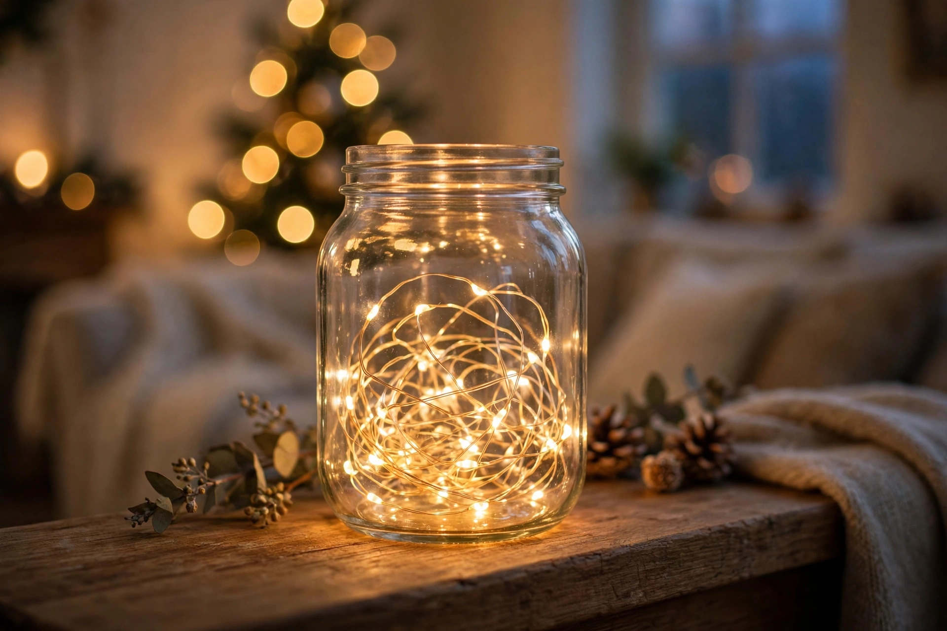 Warm fairy lights coiled in a glass jar glowing on a mantel at dusk