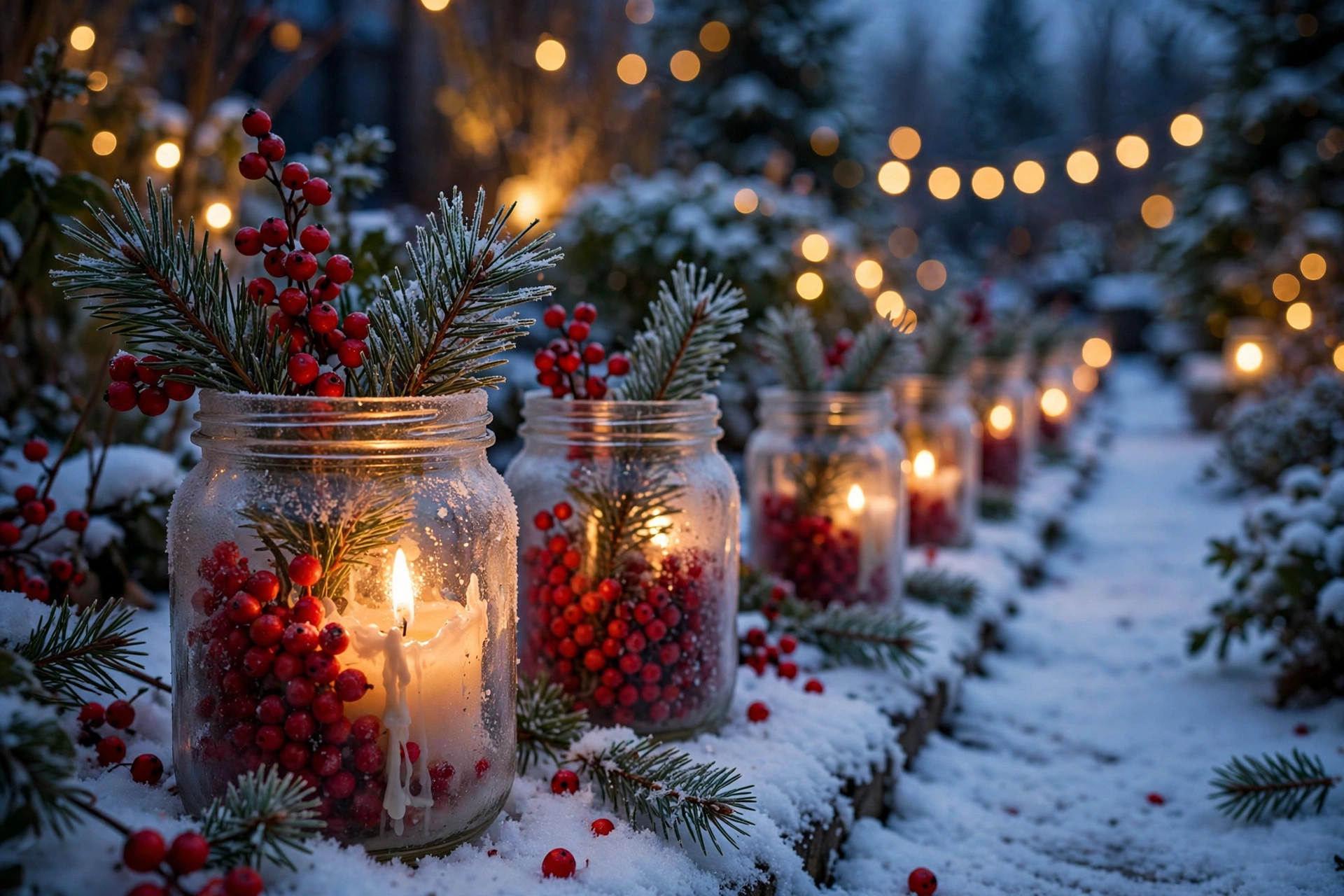 christmas pathway lights diy — berry and pine jars with cinnamon stick lanterns on a walkway