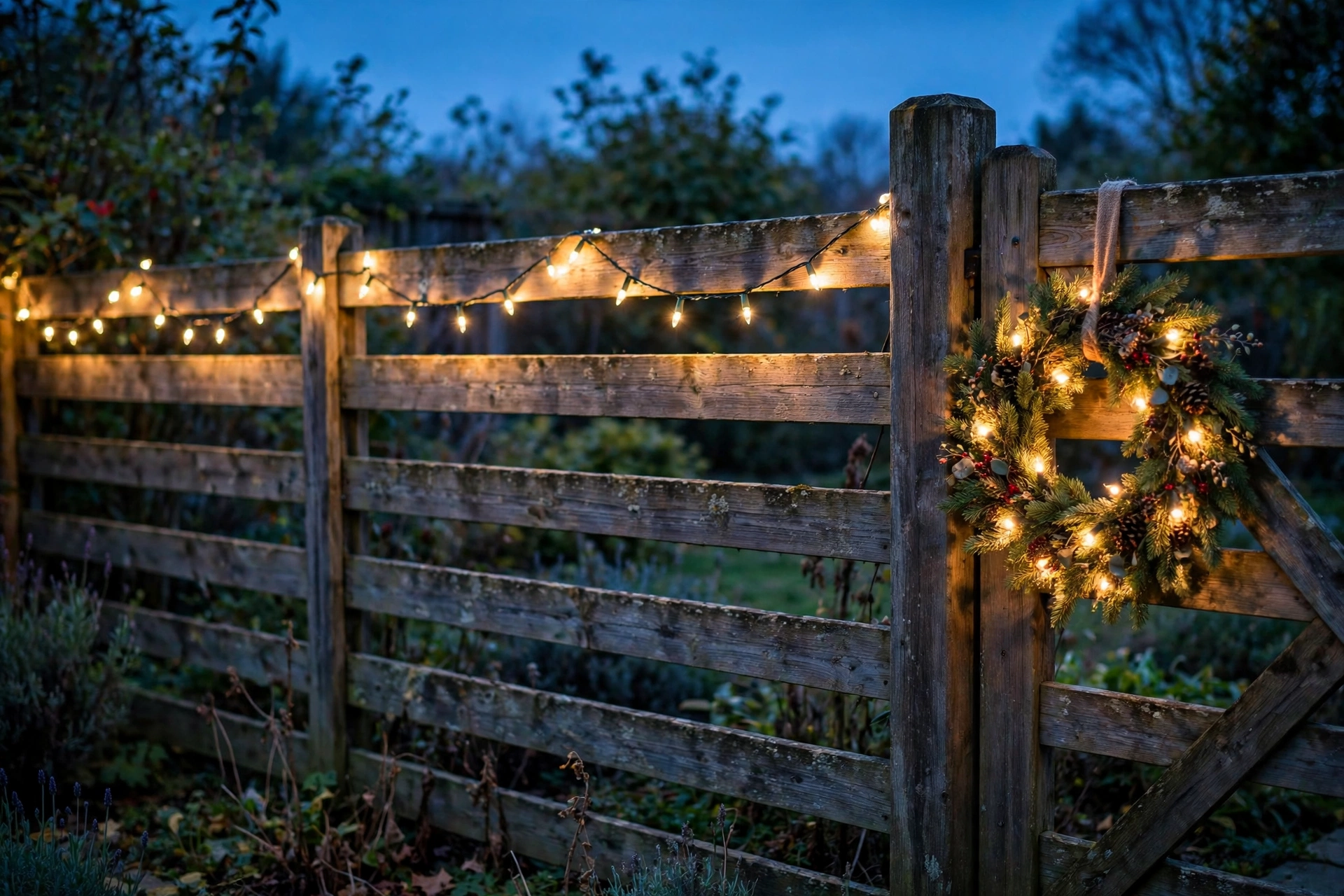 A wooden fence line strung with warm christmas lights beside a garden bed lit by a small solar spotlight