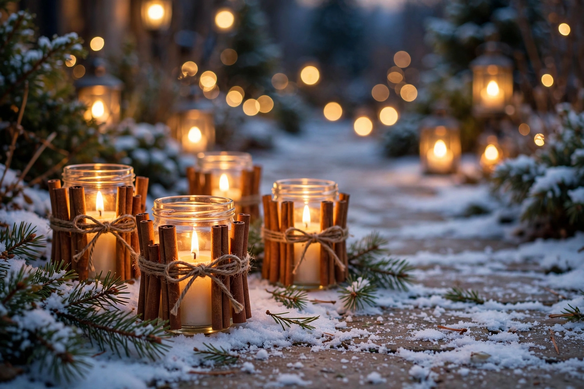 garden green christmas path lights — rosemary jar lanterns and floating orange slice jars glowing at dusk