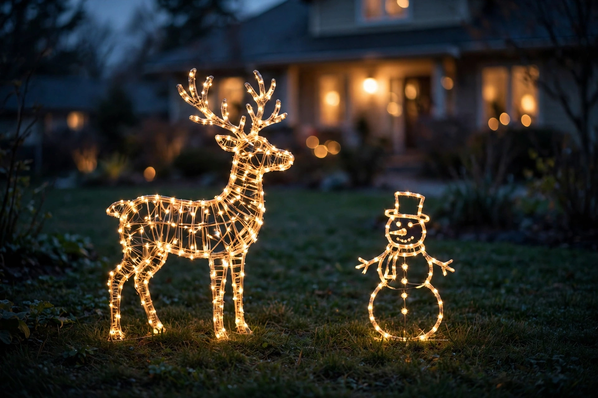 A glowing reindeer lawn silhouette staked in the grass with a lit wreath hanging on the garden gate behind it