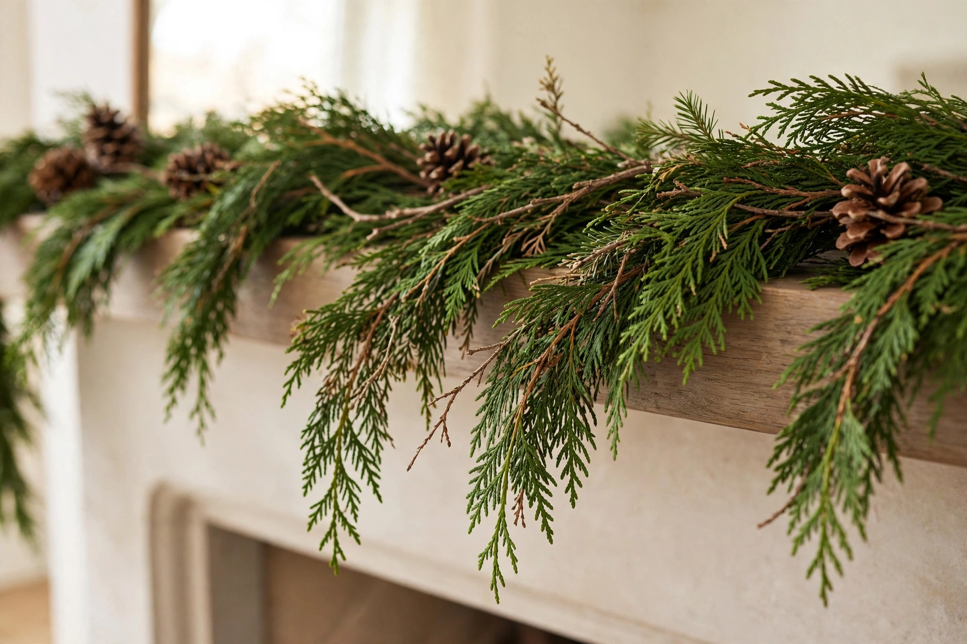 Fresh cedar garland with a centre dip — christmas mantel decor ideas 2026