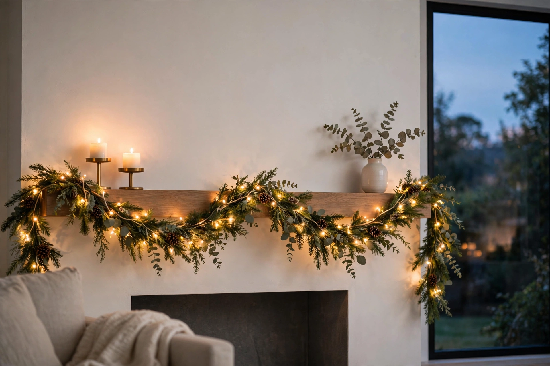 Eucalyptus garland layered over pine on a christmas mantel — mantel decorating ideas christmas