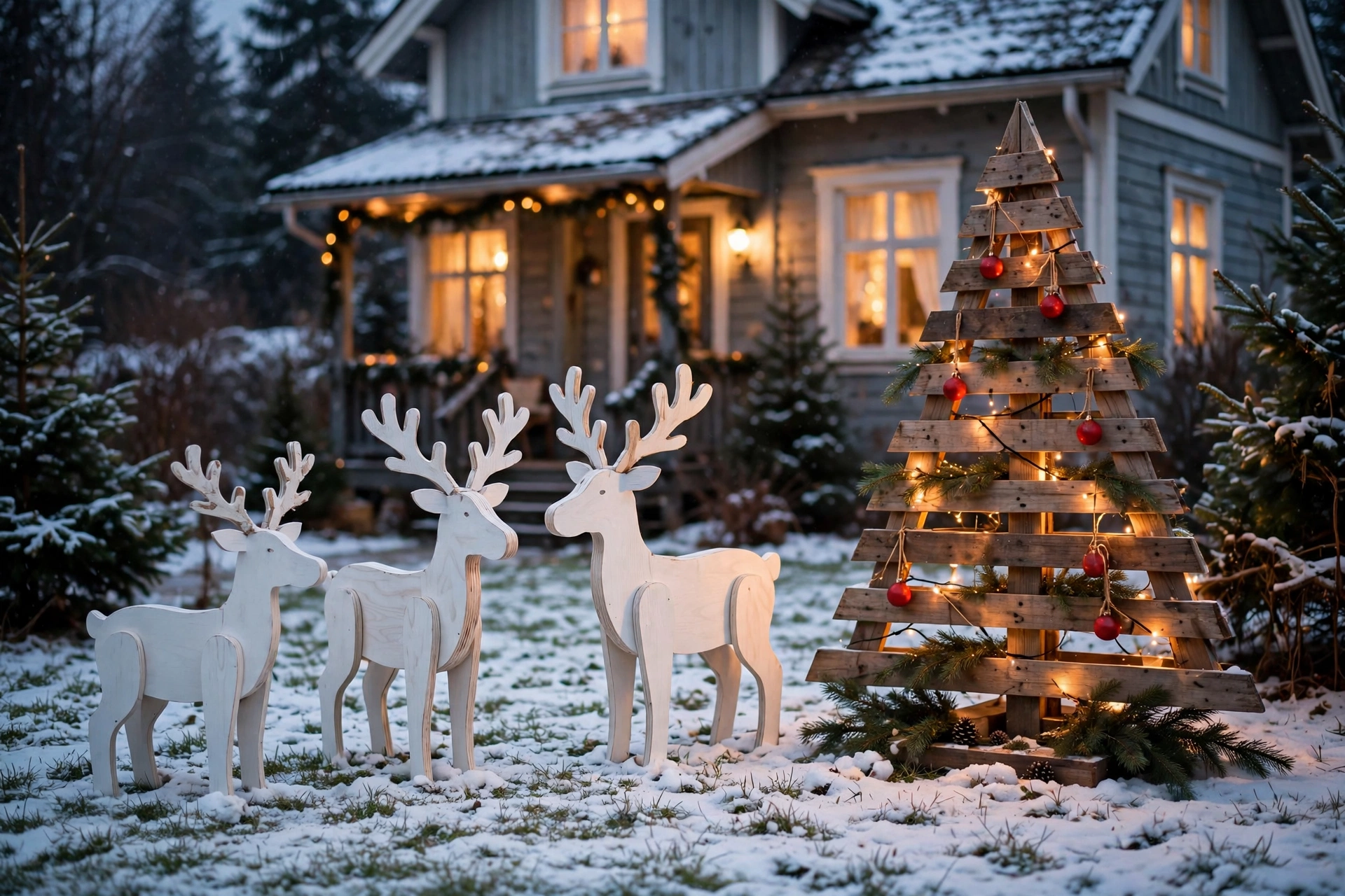 DIY Christmas yard decorations 2026 — painted wooden reindeer and pallet tree on a snowy front lawn at dusk
