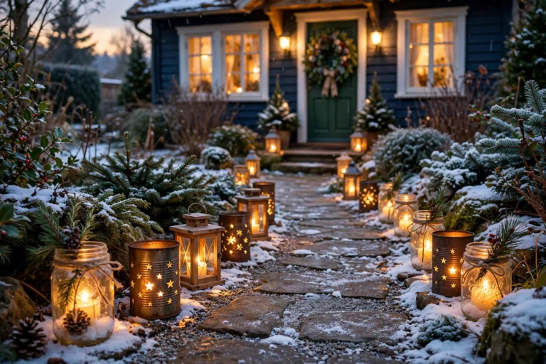 DIY christmas pathway lights 2026 — mason jar luminarias glowing on a snowy walkway at dusk