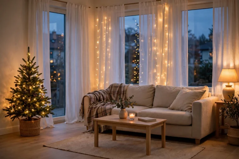 easy christmas room decor 2026 — cozy living room with glowing Christmas tree and fairy lights behind sheer curtains