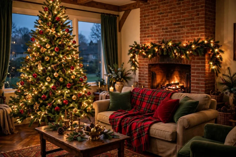 traditional christmas living room decor 2026 — classic red green and gold living room with tree and dressed fireplace