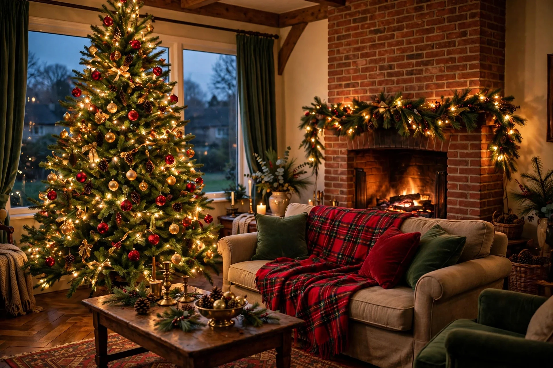 traditional christmas living room decor 2026 — classic red green and gold living room with tree and dressed fireplace