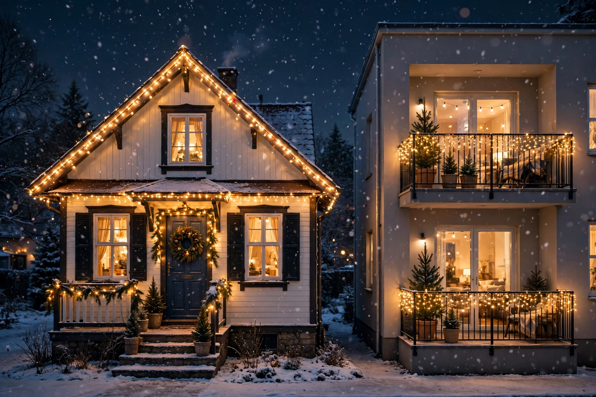 Our house front and balcony both glowing with warm christmas lights — the look these 19 ideas will help you build.