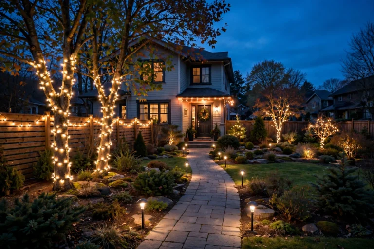 A cosy front garden glowing with warm outdoor christmas lights along the path, fence and trees at dusk
