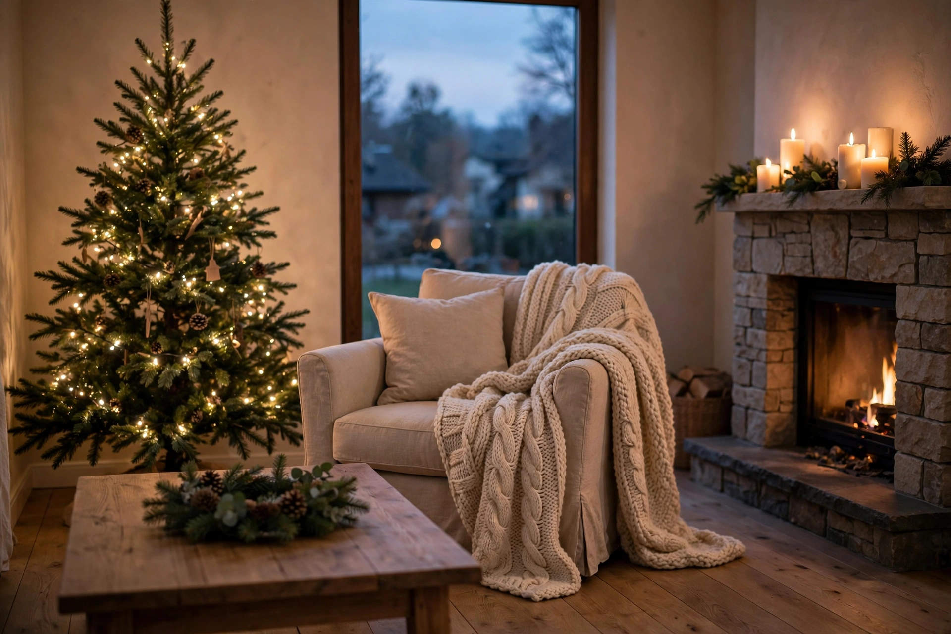 Cozy christmas home decor ideas for 2026: warm living room with tree, fireplace and soft evening glow