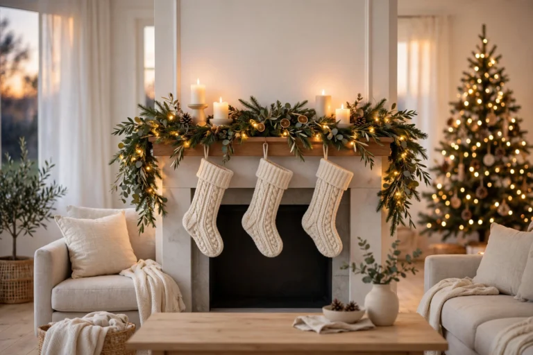 Christmas mantel decor ideas 2026: cozy styled fireplace mantel with garland and stockings