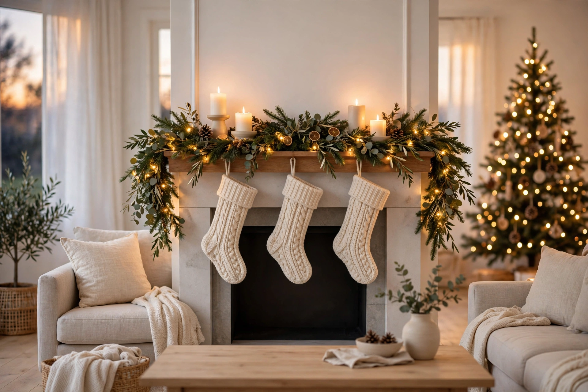 Christmas mantel decor ideas 2026: cozy styled fireplace mantel with garland and stockings