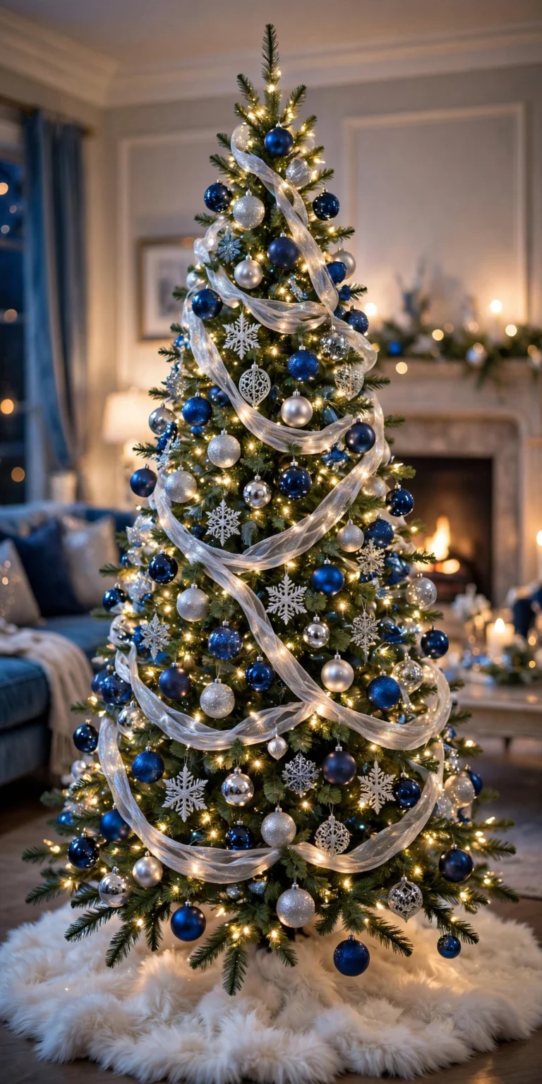 Glam blue and white christmas tree decorated with sapphire ornaments and silver ribbon