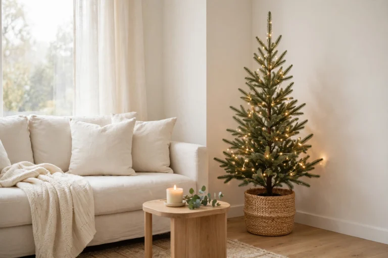 Minimalist apartment Christmas decor ideas for 2026 — calm small living room with a tabletop tree and warm white lights
