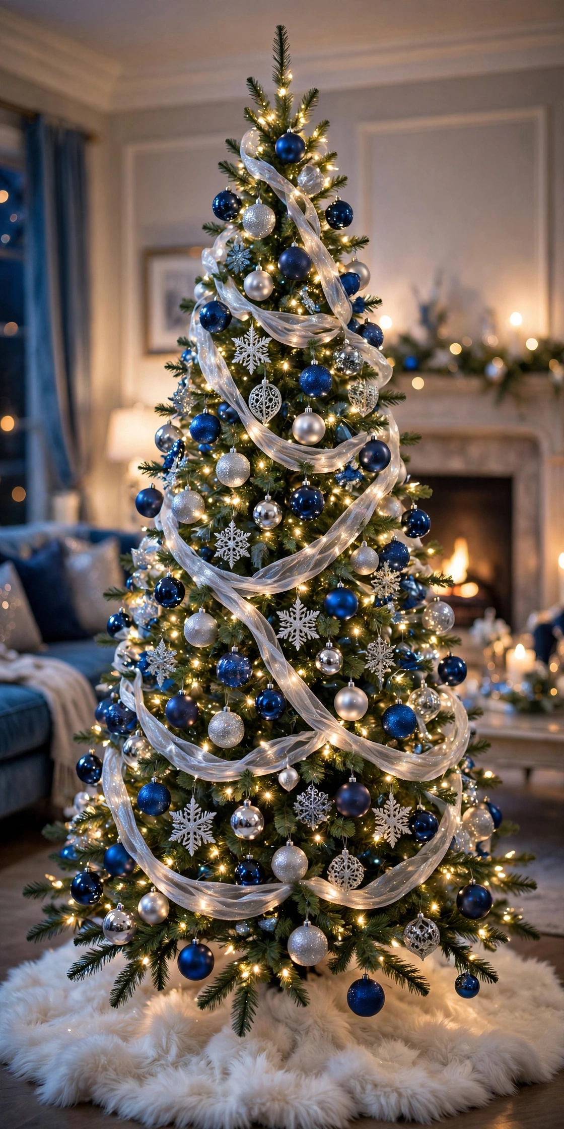 Glam blue and white christmas tree decorated with sapphire ornaments and silver ribbon