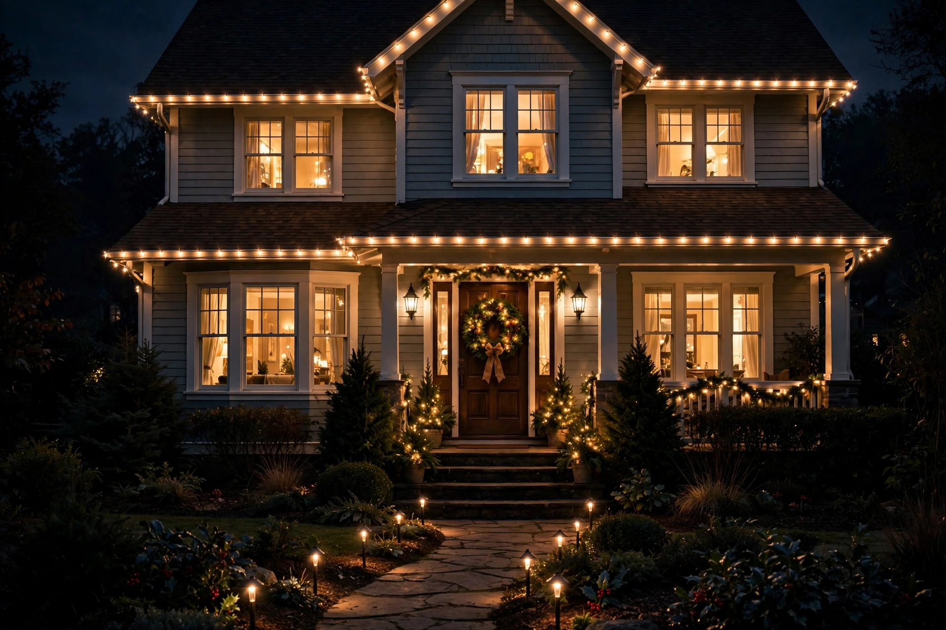 Warm white lights tracing the roofline and windows — the simplest way to make a house glow.