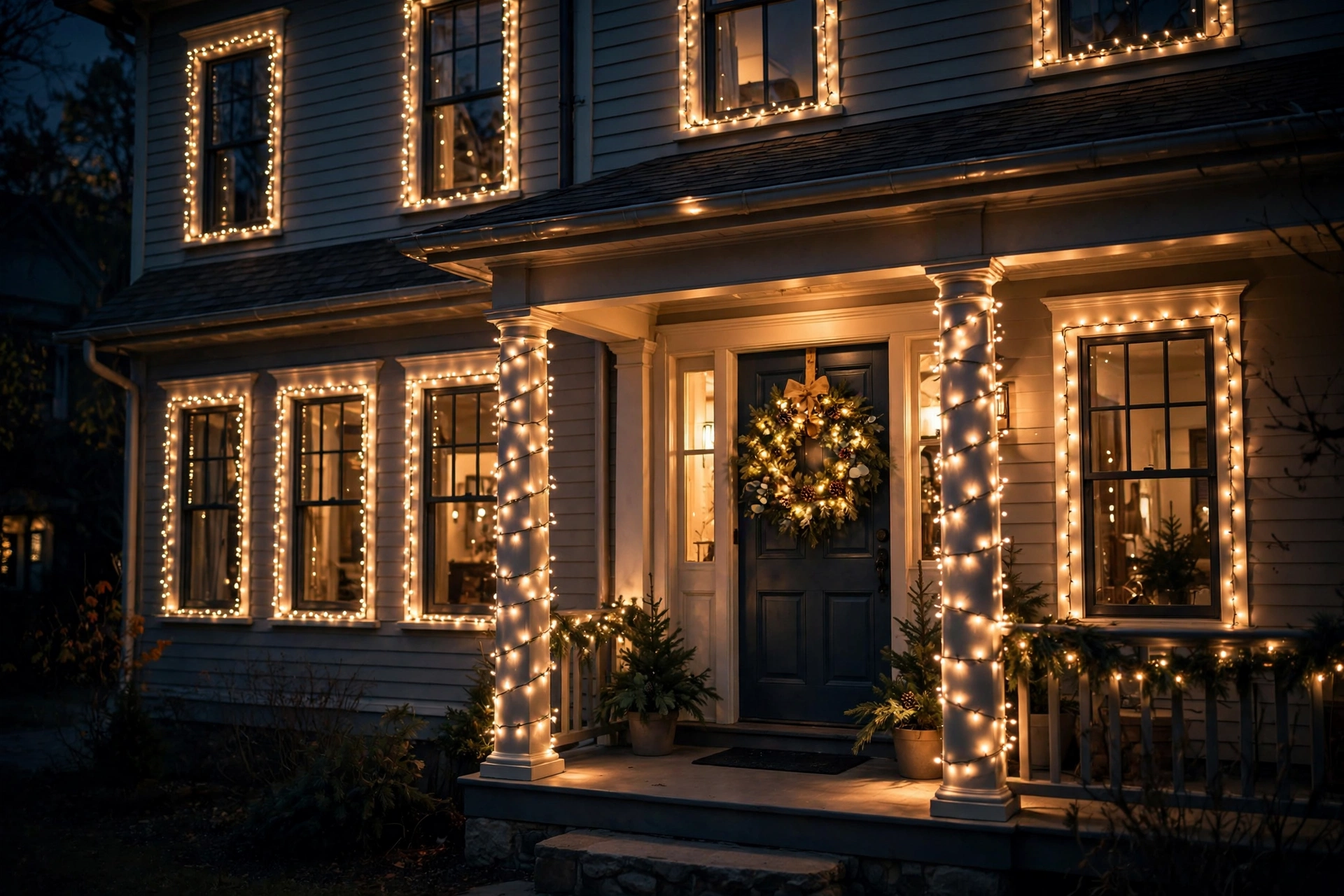 Windows outlined in warm white lights with a glowing wreath — the warmest welcome on the street.