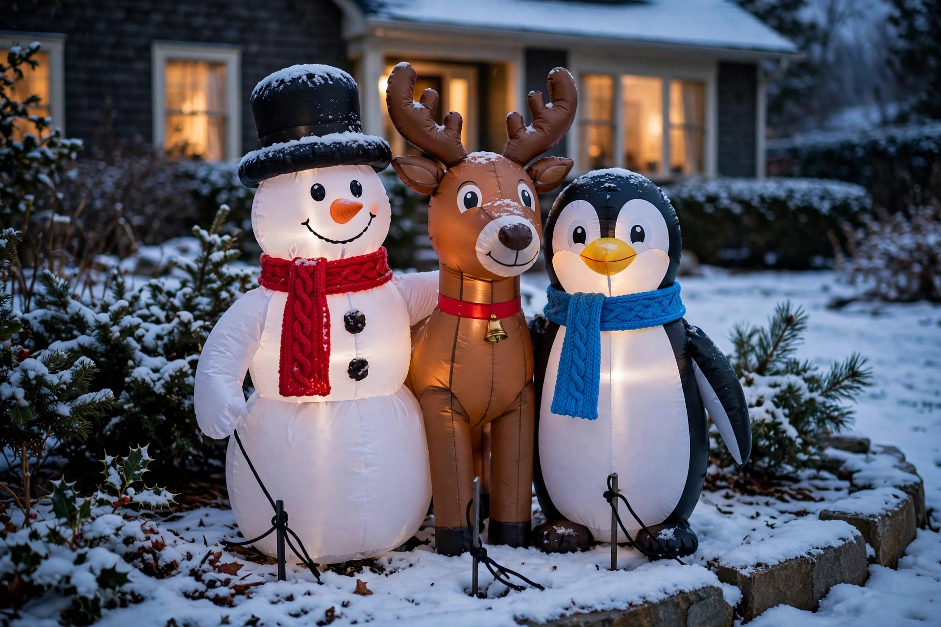 Small group of three inflatables anchored together on a lawn — tasteful christmas yard inflatables