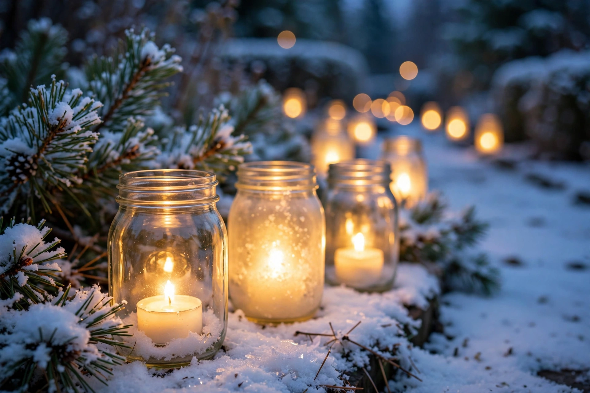 DIY christmas pathway lights — paper bag luminarias and frost-painted jars glowing along a garden path