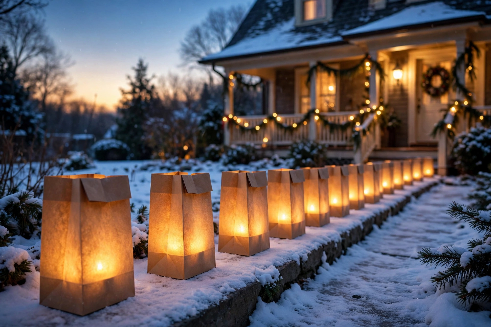 handmade christmas path lanterns — epsom salt snow jars and copper foil star jars at dusk