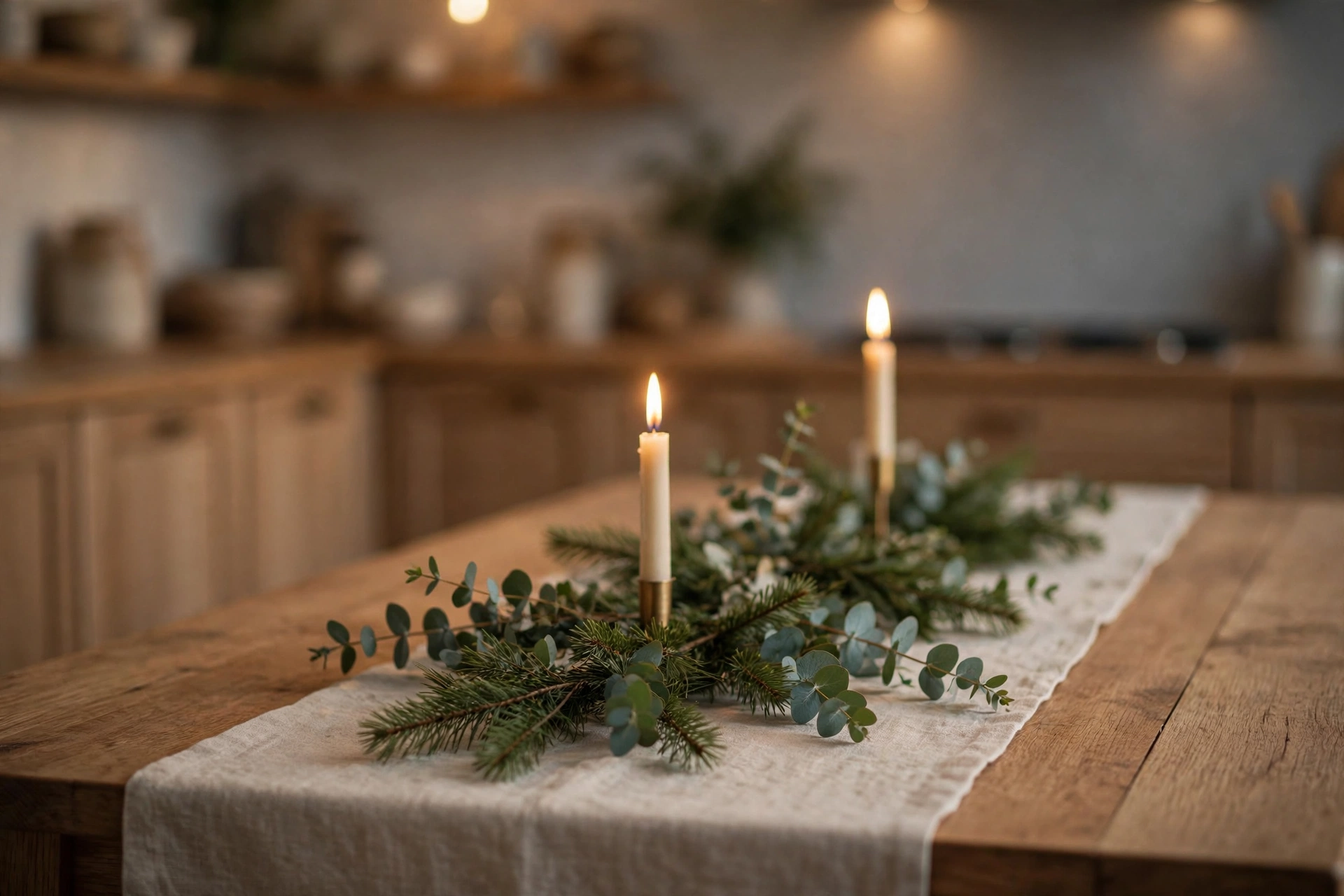 Dining table with linen runner, pine sprigs and candles for cozy christmas kitchen decor