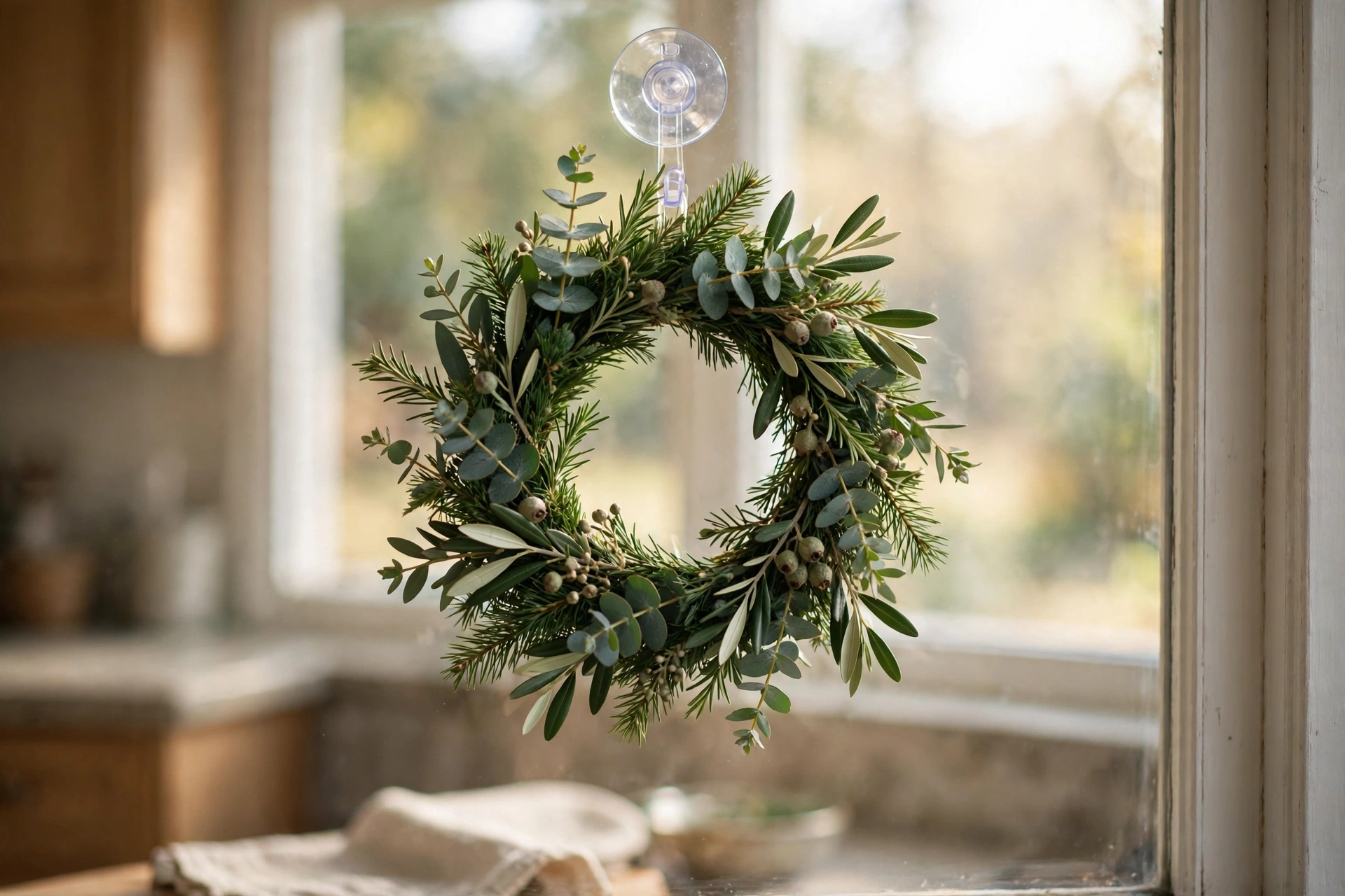 Small fresh wreath hanging on a kitchen window with a suction hook