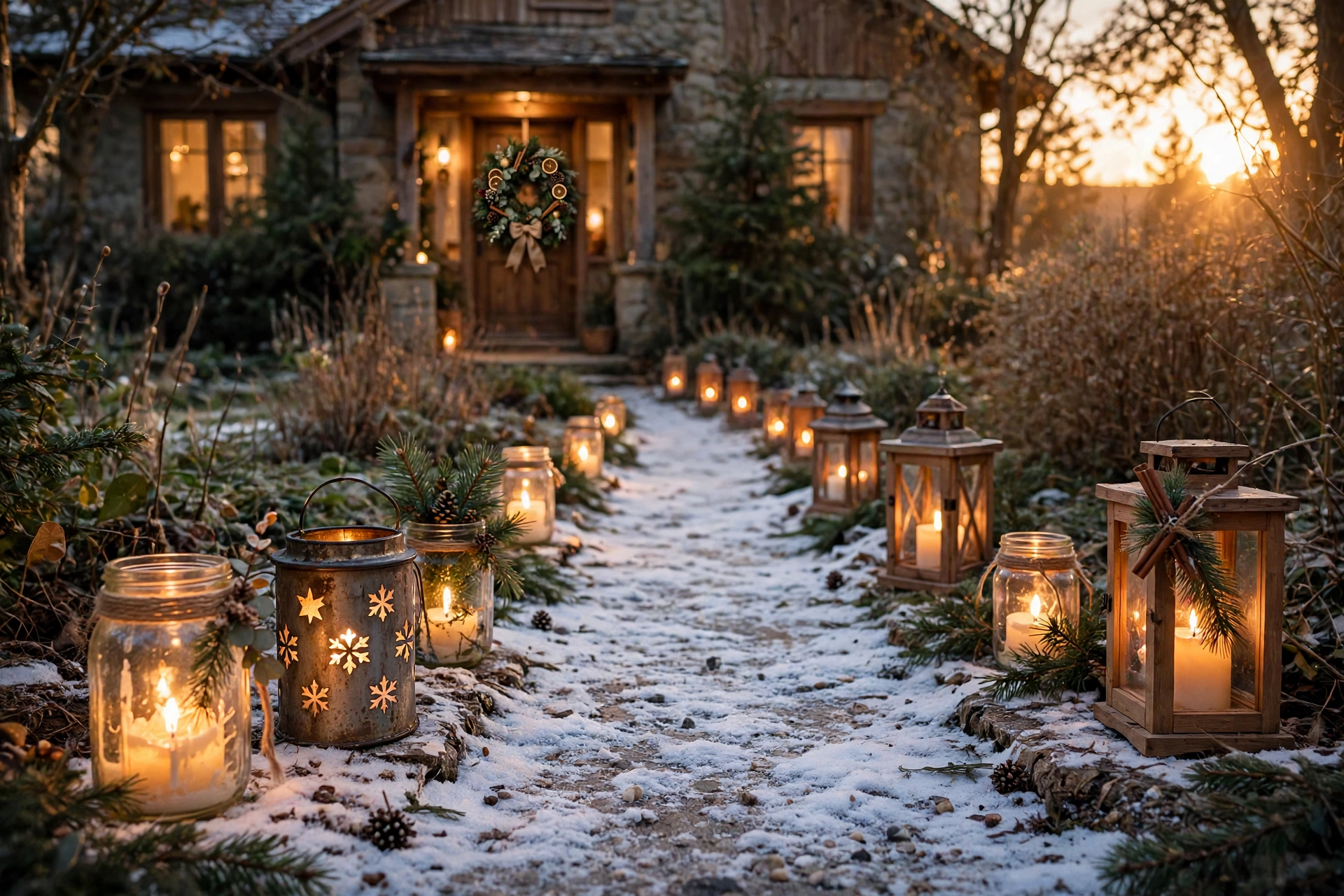 diy christmas pathway lights 2026 — zigzag staggered jar placement leading to a front door