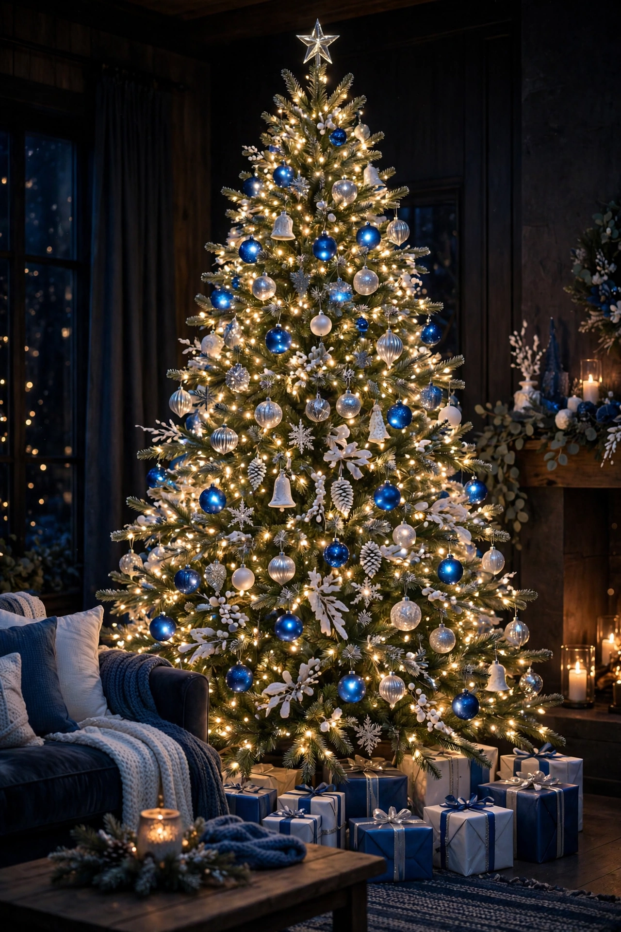 Blue and white christmas tree glowing with warm white fairy lights at night