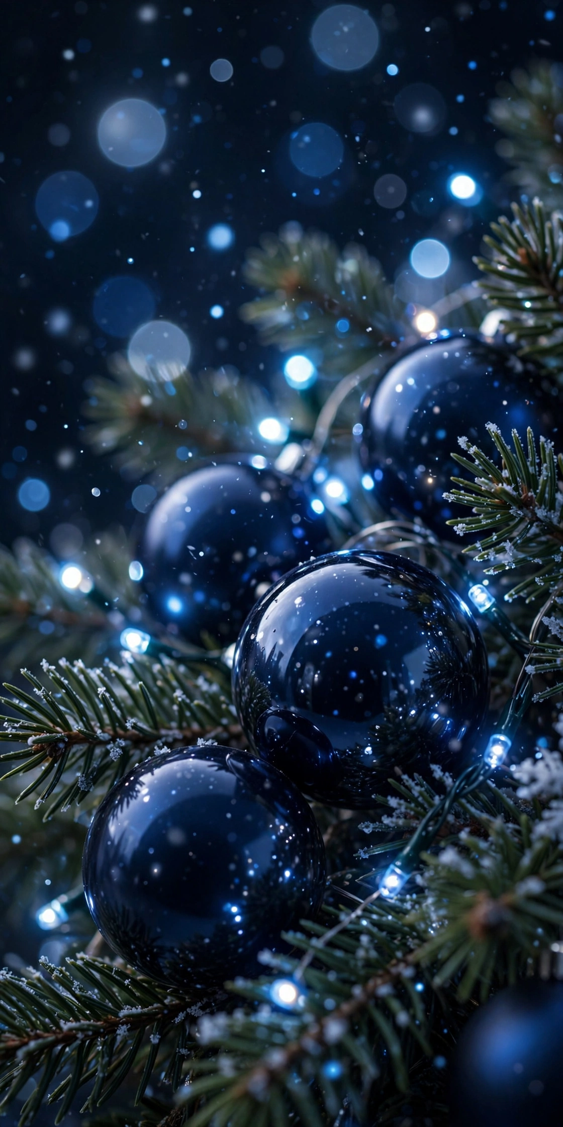 Close-up of blue fairy lights clustered around navy baubles on a christmas tree