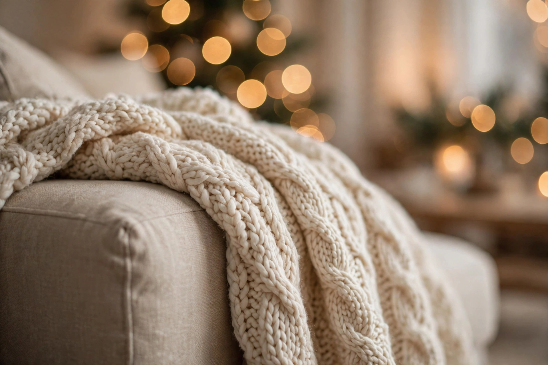 Chunky knit throw draped over a sofa arm in a cozy christmas living room