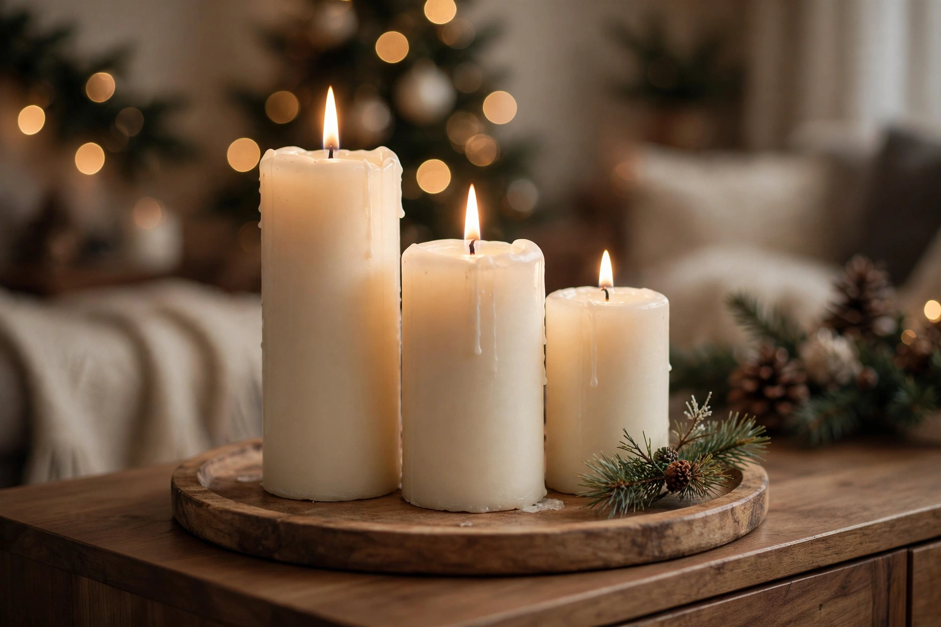 Pillar candles grouped on a wooden tray with pine sprigs for cozy christmas living room decor