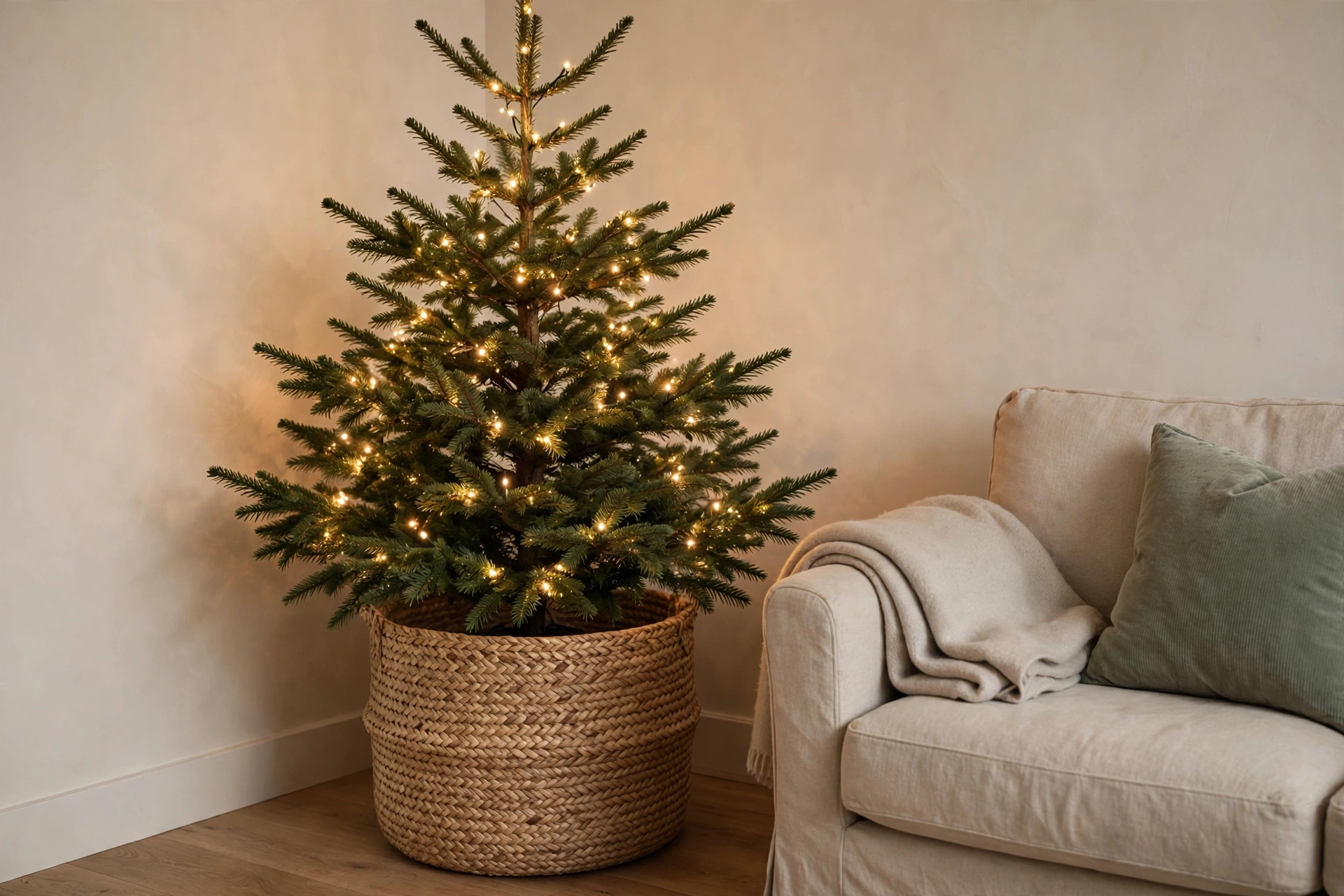 Christmas tree in a woven seagrass basket in a cozy warm christmas decor corner