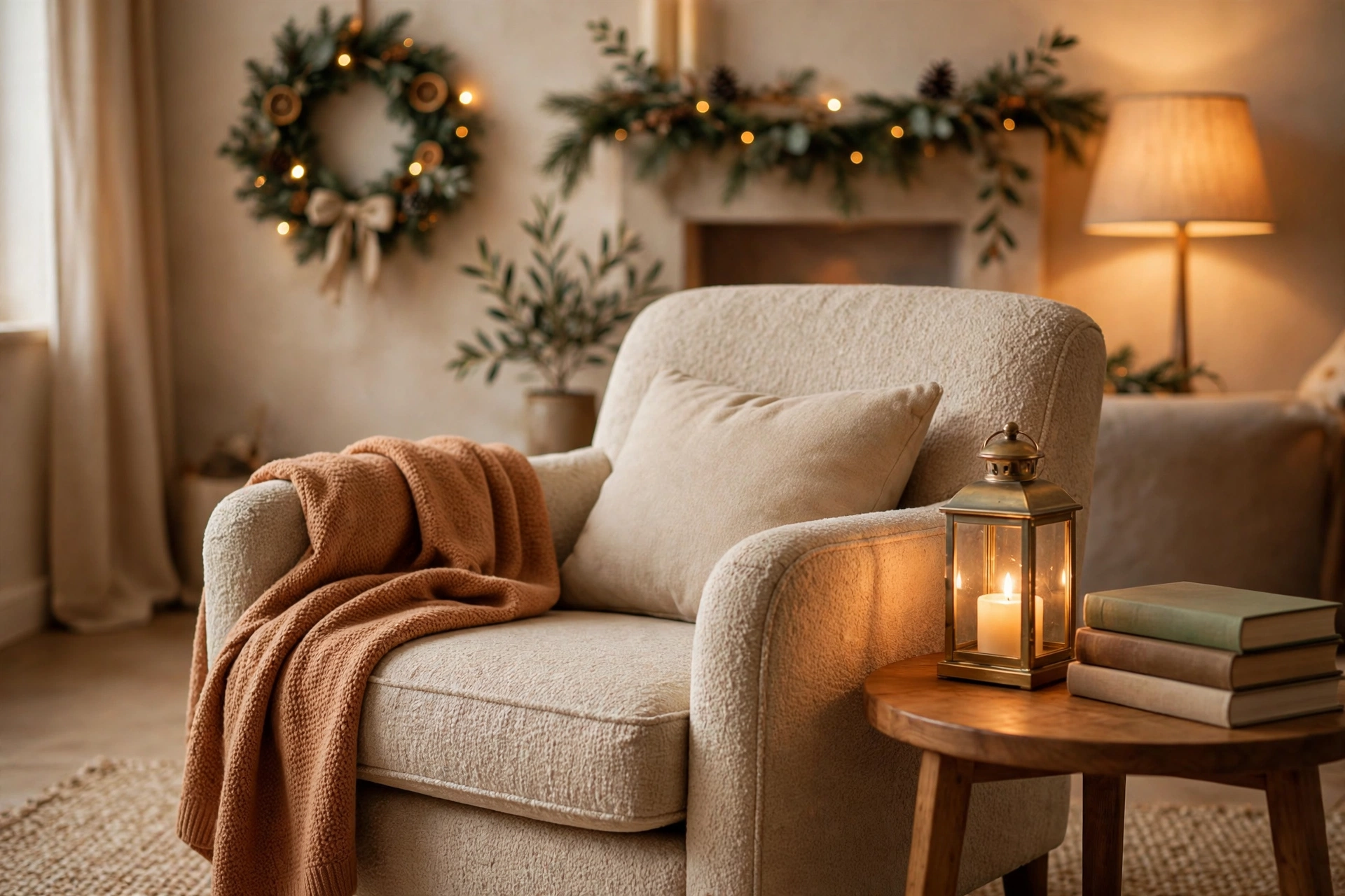 Cozy reading nook with armchair, cushion, throw and lantern for warm christmas decor