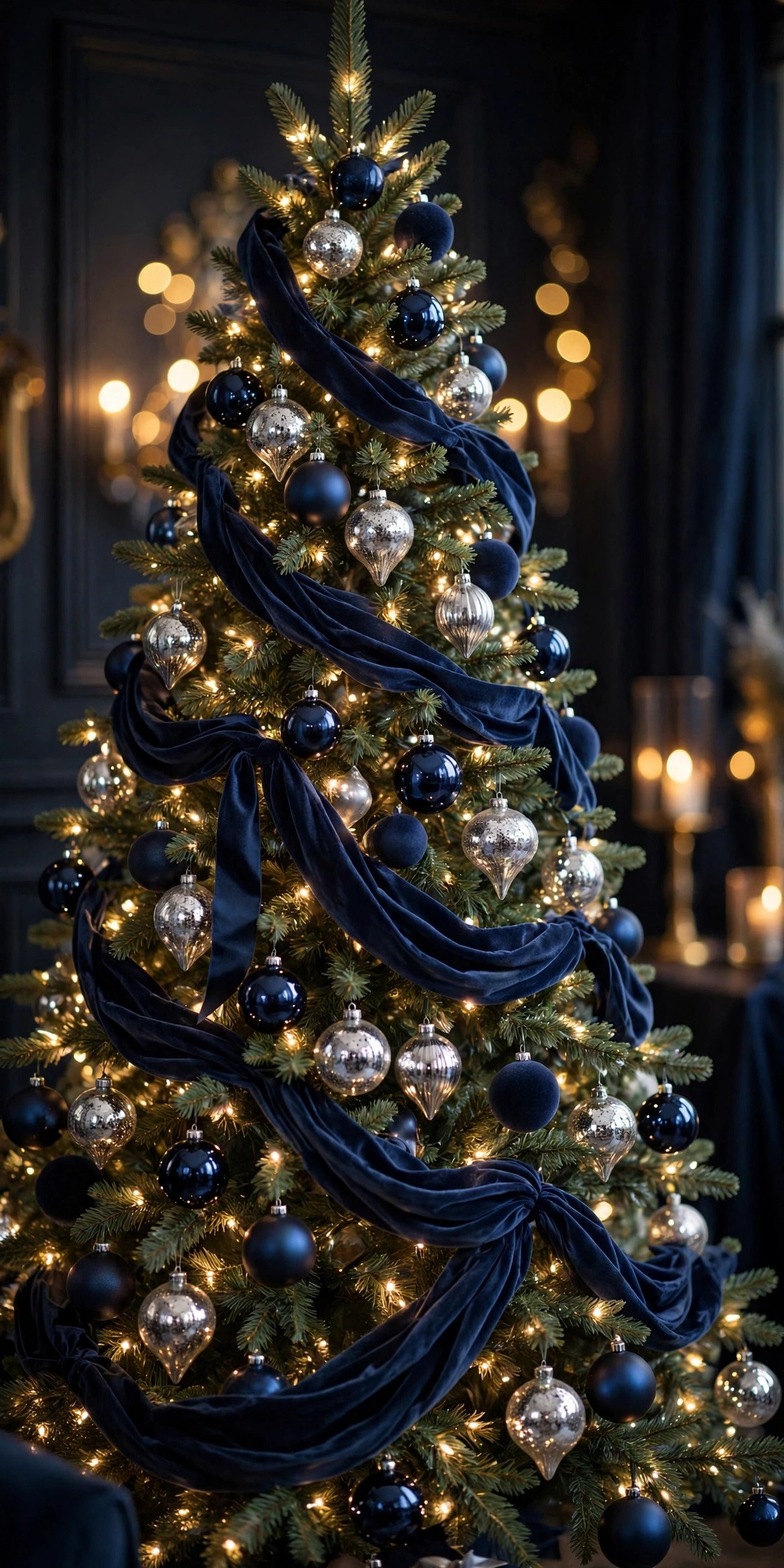 Navy and silver blue and white christmas tree with velvet ribbon cascades