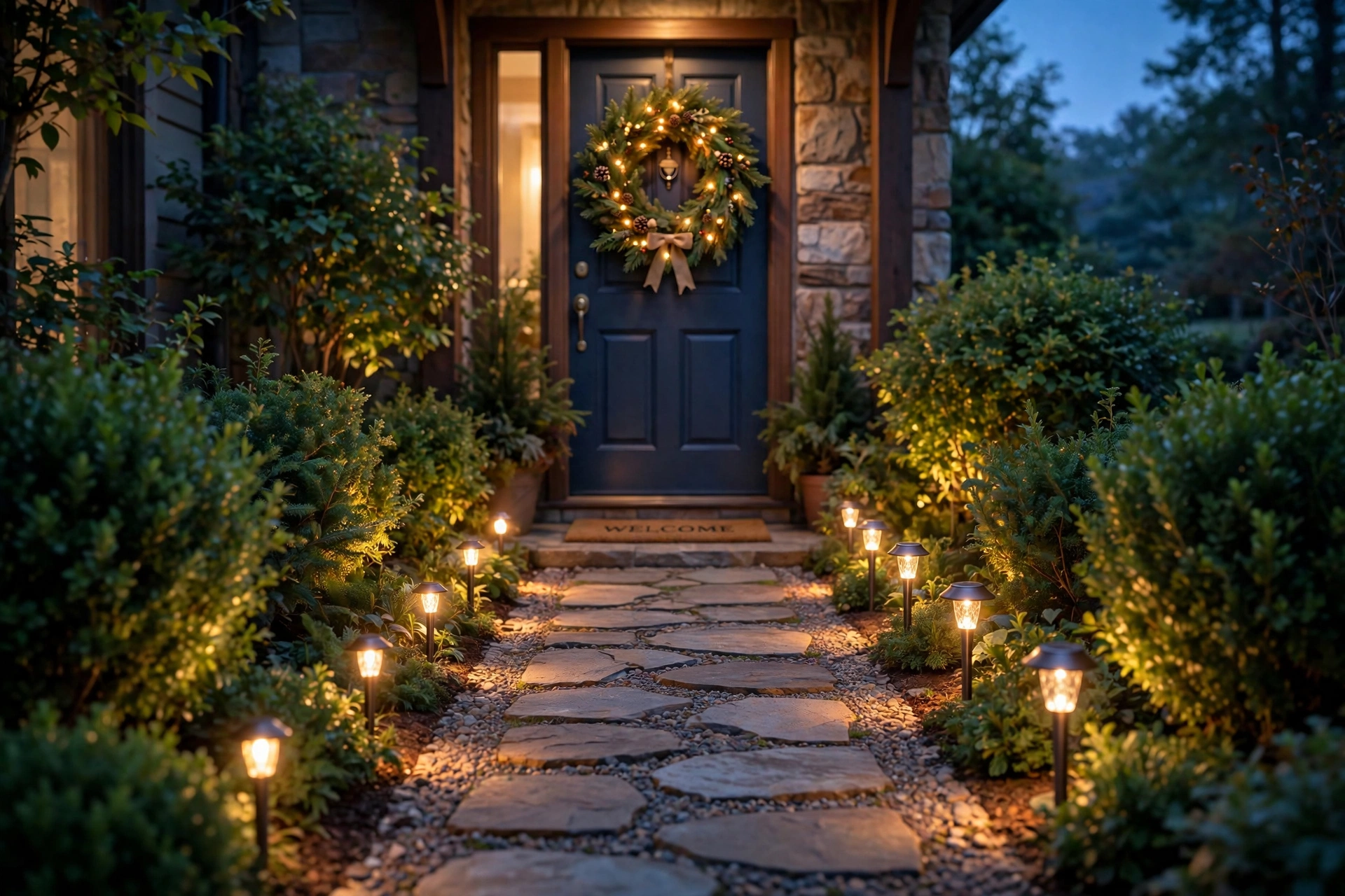 A front path lined with warm stake lights leading to a porch glowing with christmas lights at dusk